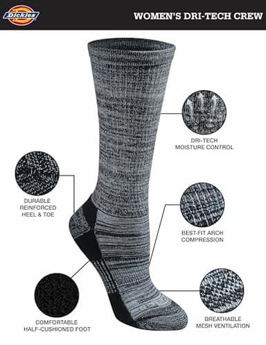 Dickies Women's Dri-Tech Fashion Moisture Control Crew Socks (5/6/12 Pairs) (S-XL), Black Marl (6 Pairs), Large - Image 2