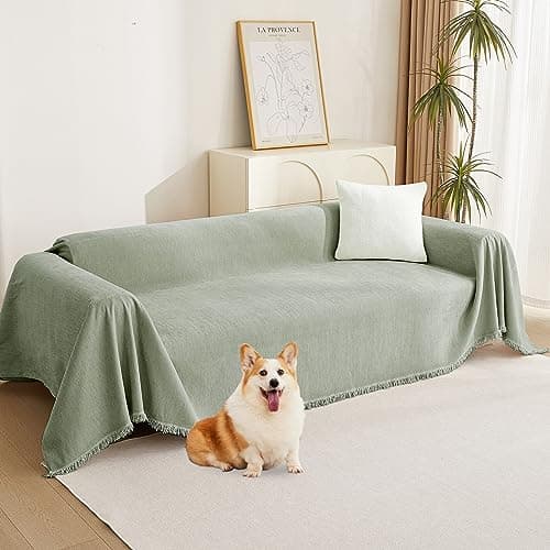 MYSKY HOME Sectional Couch Cover Blanket Living Room Furniture Protector for Pets, Farmhouse Home Decor Sofa Covers Tassel Chenielle Sofa Slipcover Soft Throw Couch for Dogs, 71" X 150", Sage Green - Image 1