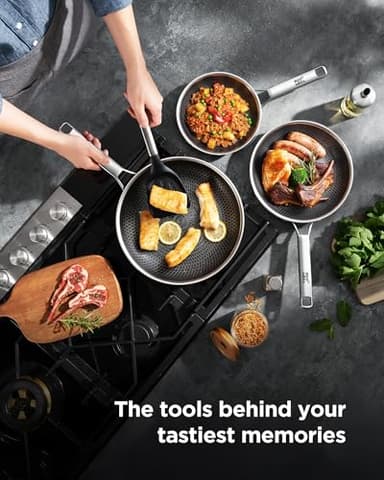 Roomena Nonstick Frying Pan Set with two Lid, Non-Toxic Tri-Ply Hybrid Ceramic Skillet three Piece, 8, 10 & 12 Inch Stainless Steel Pans, PFAS/PFOA/PTFE Free, Oven Safe, Induction Compatible - Image 2