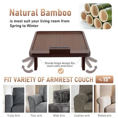 SINWANT Couch Armrest Table, Large Bamboo Couch Arm Table 360° Phone Holder,Foldable Sofa Arm Tray for Eating Drinking Snacks Remote on Chair Armrest - Image 3