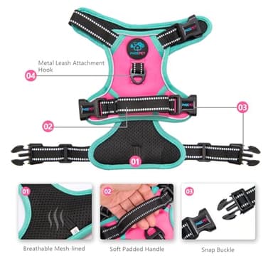 PHOEPET 2019 Upgraded No Pull Dog Harness, Reflective Adjustable Vest, with a Training Handle + 2 Metal Leash Hooks+ 3 Snap Buckles +4 Slide Buckles(L, Pink) - Image 3