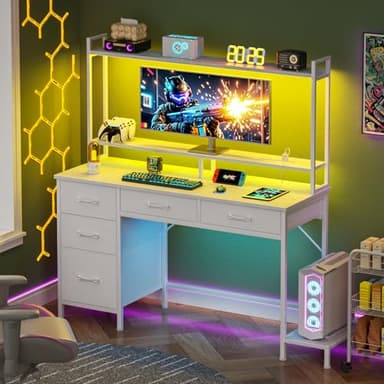 Korfile Computer Gaming Desk with Hutch, Home Office Desk with Power Outlets, LED Light, 5 Storage Drawers, 2 Tiers Shelves for Display, 47 Inch Modern Study Writing Table for Bedroom, White - Image 2