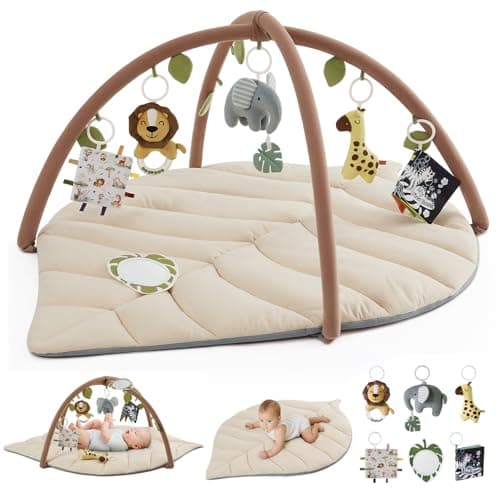 Blissful Diary Baby Play Gym & Activity Mat, Leaf Shaped Baby Tummy Time Play Mat with 6 Detachable Toys, Promotes Motor Skills & Sensory Development, Newborn Baby Essentials Gift, Oatmeal Beige - Image 1