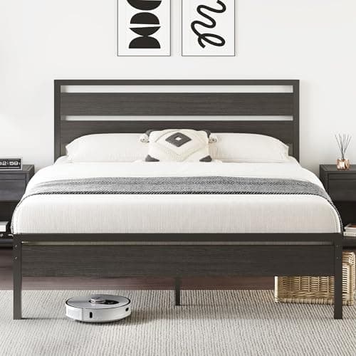 BedsPick 16 Inch Queen Bed Frame Sturdy Metal Bed Frame Queen Size with Wooden Headboard and Footboard, Noiseless/12.5" Under Bed Space/Durable Support//No Box Spring Needed/Anti-Slip, Black Oak - Image 1
