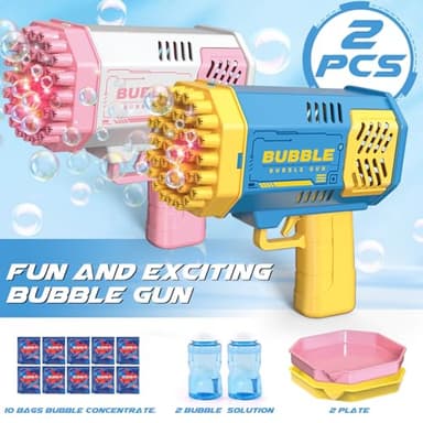 Dolanus Bubble Gun 2 Pack with 2 Bottles Bubble Solution, 40-Hole Light Up Dip Bubble Machine for Kids, Bubble Toy for 3 4 5 6 7 8 Years Old Boys Outdoor Indoor Kid Birthday Wedding Party(Blue&Pink) - Image 2