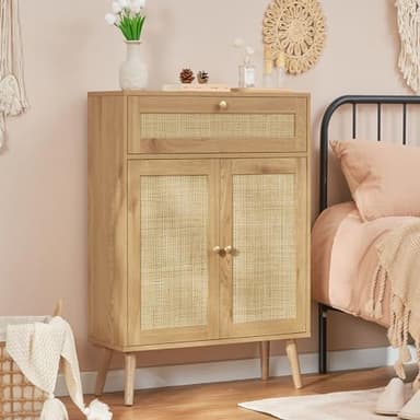 Iwell Storage Cabinet with Adjustable Shelf, Rattan Cabinet with Large Drawer, Sideboard Bufffet Cabinets, Bathroom Storage Cabinets, Accent Cabinets for Entryway, Natural - Image 7