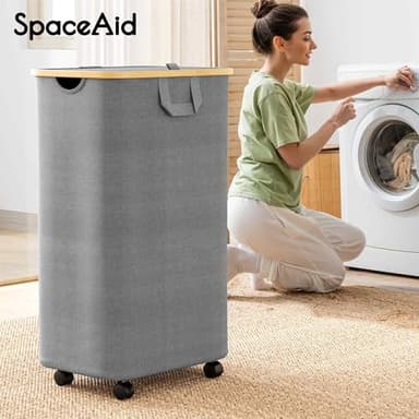 SpaceAid Laundry Hamper with Wheels and Lid, 26 Gal (100L) Rolling Clothes Basket with Bamboo Handle, Large Laundry Hamper for Bedroom, Bathroom, Dorm, Laundry Room - Grey - Image 2