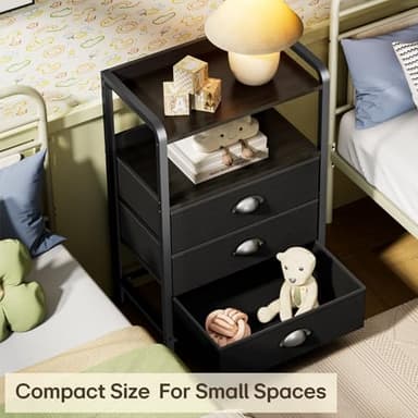 Jixlantuc Night Stand Bedside Table Bedroom Nightstand with Open Shelf Bed Side Table with Fabric Drawers End Table with 3 Drawer Storage Night Stands for Living Room Rustic Brown Black - Image 7