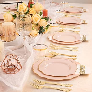 NOCCUR 175PCS Pink Plates with Gold Disposable Silverware - Include 50 Pink Plastic Plates,25 Knives,25 Forks,25 Spoons,25 Cups and 25 Napkins - Ideal for Wedding/Party - Image 6