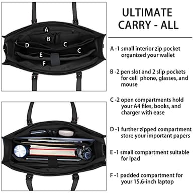 Laptop Bag for Women Waterproof Lightweight Leather 15.6 Inch Computer Tote Bag Business Office Briefcase Large Capacity Handbag Shoulder Bag Professional Office Work Bag Black - Image 4