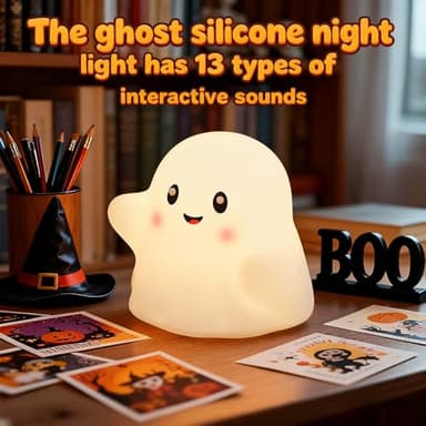 Ghost Night Light for Kids, Silicone Nursery Nightlight with 13 Interactive Sound Effects ,Halloween Decor Lamp Adjustable Dimmable Lamp with Touch Sensor Children's Christmas Gifts (white ghost) - Image 2