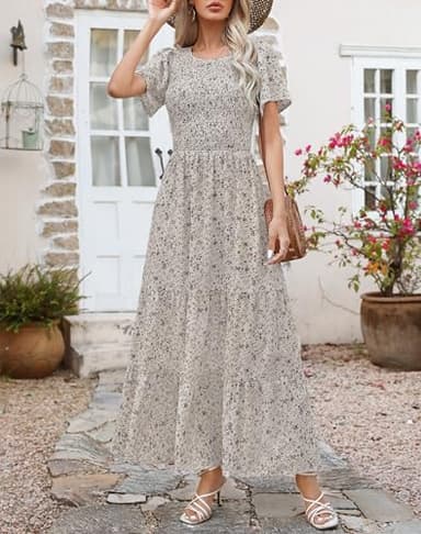 Kranda Summer Dresses for Women 2025 Crew Neck Flutter Short Sleeve Tiered Ruffle Smocked Floral Vacation Beach Maxi Dress Beige M - Image 2