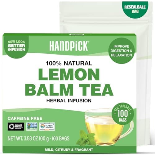 HANDPICK Lemon Balm Tea Bags – 100 Count | 100% Pure & Naturally Dried | Caffeine-Free Herbal Tea with Citrus Flavor & Aroma | Premium Lemon Balm Leaf for Calming and Digestion Support - Image 1