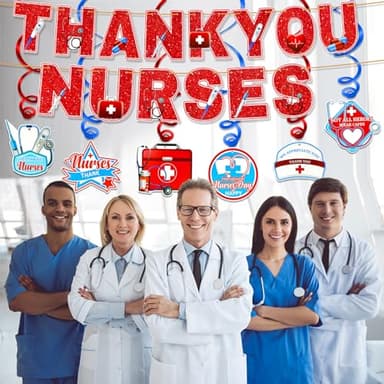 HOWAF Nurse Appreciation Week Decoration Set, 1 Glitter Thank You Nurse Banner, 18pcs Nurse Week Balloons, 6pcs Thank You Nurse Hanging Swirls, 13pcs International Nurse Day Cupcake Topper - Image 4