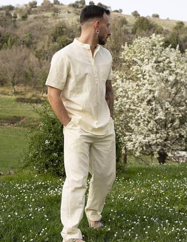 COOFANDY Men's 2 Pieces Cotton Linen Set Short Sleeve Hippie Henley T Shirts Casual Beach Pants With Pockets Summer Yoga Set - Image 3