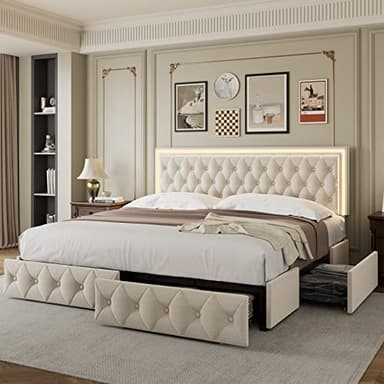 Keyluv Queen Upholstered LED Bed Frame with 4 Drawers, Velvet Platform Storage Bed with Adjustable Button Tufted Headboard and Solid Wooden Slats Support, No Box Spring Needed, Beige - Image 1