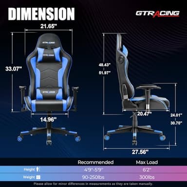 GTRACING Gaming Chair with Speakers, Video Game Chair Bluetooth Music with Lumbar Support, Ergonomic Comfortable Office Computer Chair for Adults, Height Adjustable Reclining Chairs, 360° Swivel, Blue - Image 2