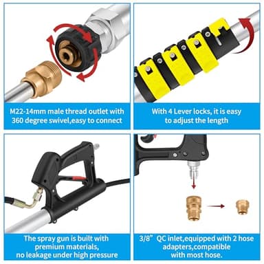 ExtraFein 24FT Telescoping Pressure Washer Extension Wand, Aluminum Power Washer Extension Wand, Solar Panel Cleaner Pole with Brush Head, 7 Nozzle Tips, 3 Adapters, Support Belt - Image 6