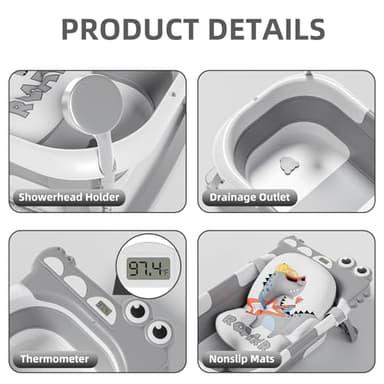 TPN Collapsible Baby Bathtub, Baby Bath Tub with Soft Cushion & Real-Time Thermometer, Baby Bathtub Infant to Toddler Tub (0-36 Months), Portable Travel Baby Tubs for Newborns (Grey) - Image 5