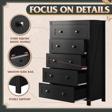 WLIVE Farmhouse 5 Drawer Dresser for Bedroom, Wood Dresser Storage Organizer, Tall Black Dressers with Double Rustic Handle, Chest of Drawers for Living Room, Hallway, Closet - Image 5