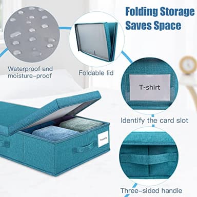 Supowin Underbed Storage Containers Bin with Lids (2pcs) Large Under Bed Storage Organizer Box with Handle, Foldable Under the Storage Bags for Organizing Clothes, Shoes, Blankets, Pillows-Cyan blue - Image 4