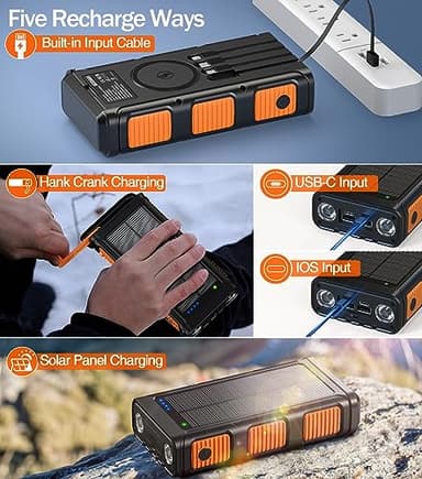 GOODaaa Power Bank Wireless Charger 45800mAh Built in Hand Crank and 4 Cables 15W Fast Charging Power Bank 7 Outputs & 4 Inputs Solar Portable Charger, SOS/Strobe/Strong Flashlights, Compass - Image 5