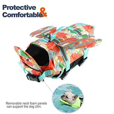 Petglad Wings Dog Life Jacket Adjustable Dog Life Vest with Chin Float Reflective Stripes and Rescue Handles, High Buoyancy Hawaiian Floral Puppy Swim Float Vest for Small Medium Large Dogs - Image 2