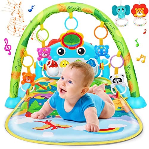UMIKU Baby Gym Play Mats Baby Toys Tummy Time Mat Musical Activity Center for Newborn Infant Piano Babies Play Mat Music & Light Newborn Infant Gifts for Babies 0-3 6 9 12 Months Dinosaur Style - Image 1