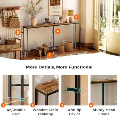 SUPERJARE 70 Inch Console Table with Outlet, Sofa Table with Charging Station, Narrow Entryway Table, Skinny Hallway Table, for Living Room, Rustic Brown - Image 8