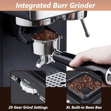 tesslux Espresso Machine with Grinder, 20 Bar Compact Espresso Maker with Milk Frother Steam Wand, Professional Coffee Machine for Home, Touch Control, Cappuccino & Latte Maker - Image 3