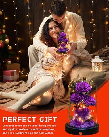 Agrul Flowers Roses Gifts for Mom,Forever Real Preserved Roses in Glass Dome,Mothers Day for Wife Girlfriend Women Best Friend Grandma/Purple Rose - Image 6