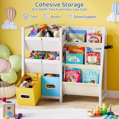 LATIBELL Kids Bookshelf Toy Storage Organizer - Book Shelf for Kid Rooms, 6 Toy Bins for Kid Organizer and 3 Sling Kids Bookcase, Toddler Baby Montessori Nursery Bookshelf Childrens Book Rack Display - Image 3