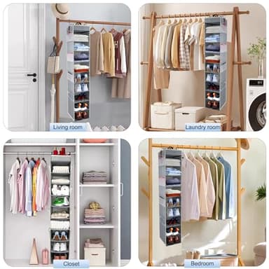 roomtalk Large-Sized Hanging Shoe Organizer 10-Shelf, Sturdy Hanging Closet Organizer with 8 Side Pockets, Wider Hanging Shelves for Storage Shoes Clothes Jeans Shirts Toys, Grey - Image 6