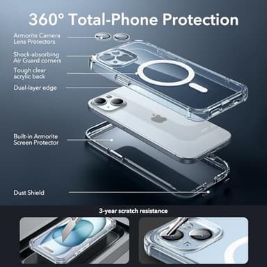 ESR for iPhone 15 Case, Compatible with MagSafe, Full-Body Military-Grade Drop Proof Case with Built-in 9H+ Tempered Glass Screen Protector, Armor Series, Clear Blue - Image 3