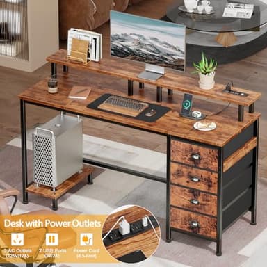 Furologee 47" Computer Desk with 4 Fabric Drawers & Monitor Stand, Gaming Desk with Power Outlets - LED Lights, Home Office Space-Saving Study Table for Bedroom Small Spaces (Rustic Brown) - Image 6