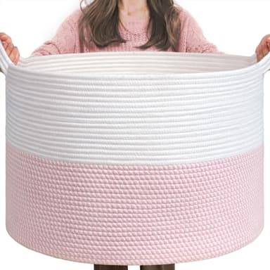 INDRESSME XXXLarge Storage Basket with Handle, Pink Laundry Basket for Nursery Stuffed Animal Storage, Baby Baskets Kids Toy Organizer, 21.7" x 21.7" x 13.8", Pink - Image 1