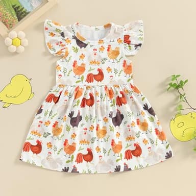 Farm Baby Clothes Animals Rooster Hen Print Fly Sleeve Baby Dress Summer Clothes 6 12 18 24Months 2T 3T 4T 5T 6T (US, Age, 4 Years, 5 Years, Chicken A) - Image 2