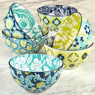 Tapestry 6.25" Porcelain Bowls, 30 oz. Set of 6 – Assorted Vibrant Floral & Patterned Designs in Aqua, Navy & Yellow – Versatile for Soup, Pasta, Salad, Snacks, Rice, or Serving Dishes - Image 1