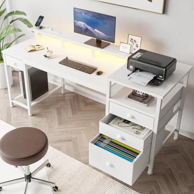 Furologee 60" White Office Computer Desk with 4 Drawers,Gaming Desk with LED Lights and Power Outlets,Long Desk with Fabric File Cabinet,Study Writing Work Table with Shelf for Bedroom Home Office - Image 8