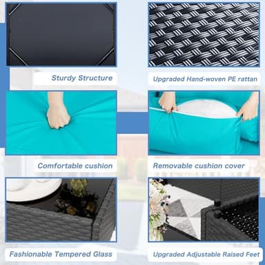 Shintenchi 7 Pieces Outdoor Patio Sectional Sofa Couch, Black PE Wicker Furniture Conversation Sets with Washable Cushions & Glass Coffee Table for Garden, Poolside, Backyard (Blue) - Image 4