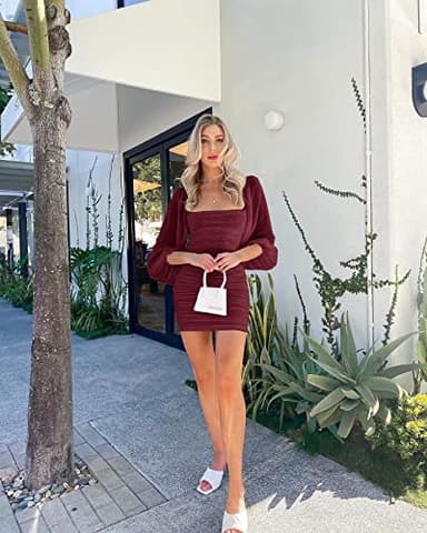 Wenrine Women's Mesh Long Sleeve Square Neck Ruched Party Club Cocktail Bodycon Mini Dress Wine Red - Image 5