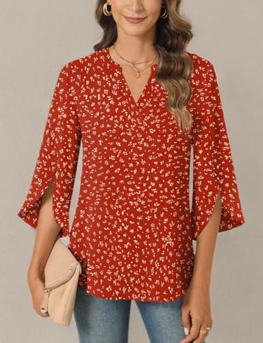 Anyally Women's Chiffon Blouses 3/4 Sleeve Summer Dressy Tunic Tops Casual Loose V Neck Plus Size T-Shirts, 3XL, Polka Dots Red - Image 6