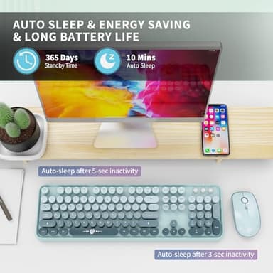 Wireless Keyboard and Mouse Combo, 2.4GHz Colorful Cute Round Keycaps Keyboard for Office Computer PC Desktops Laptop (104 Keys Blue Green) - Image 2