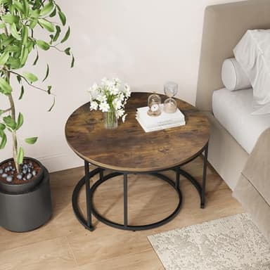 Smuxee Rustic Nesting Coffee Table Set of 2, 27.6" Round Coffee Table Wooden Marble Pattern with Adjustable Non-Slip Feet, Industrial End Table for Living Room Bedroom Balcony - Image 7