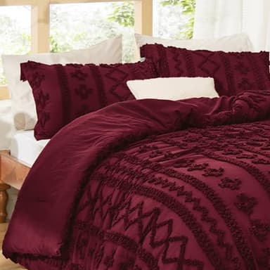 Bedsure Tufted Boho Comforter Set Full Size - Dark Red Boho Bed Set, GentleSoft™ 3 Pieces Farmhouse Shabby Chic Embroidery Bedding, Gifts for Woman, Soft Jacquard Full Comforter for All Seasons - Image 6