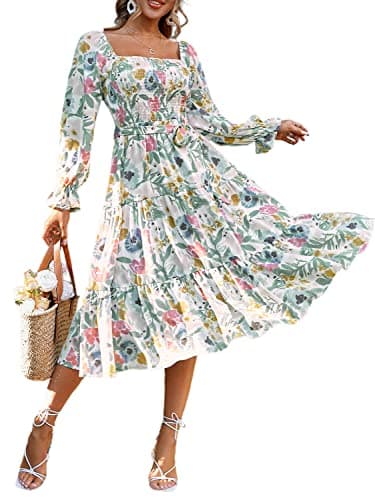 Amegoya Women's Boho Flowy Long Sleeve Midi Dress Tiered Smocked Square Neck Floral Maternity Dress(A-Floral L) - Image 1