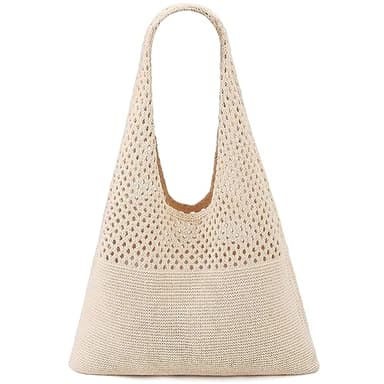 Crochet Tote Bag For Women, Crochet Mesh Beach Tote Bag Summer Vacation Aesthetic Boho Knit Bag for Women (Beige) - Image 1