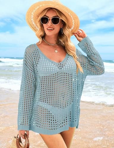 Womens Summer Tops Crochet Sweaters Swimsuit Cover Ups Hollow Out Loose Lightweight Beach Knit Pullover Sky Blue - Image 2