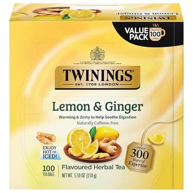 Twinings Lemon & Ginger Herbal Tea Individually Wrapped Bags, 100 Count (Pack of 1), Tangy Lemon, Spicy Ginger, Naturally Caffeine-Free, Enjoy Hot or Iced, 100 Teabags - Image 1