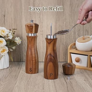 2 Pack Acacia Wood Salt and Pepper Grinder Set, Wooden Salt and Pepper Mill Set Salt and Pepper Shaker Tableware Birthday Gifts Ceramic Core-8 Inch - Image 4